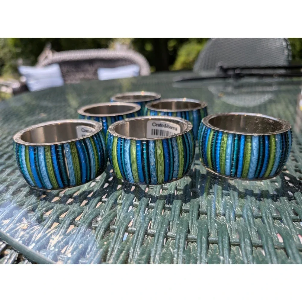 Crate & Barrel Cool Hues Blue/Green Striped Metal Napkin Rings Set of 6